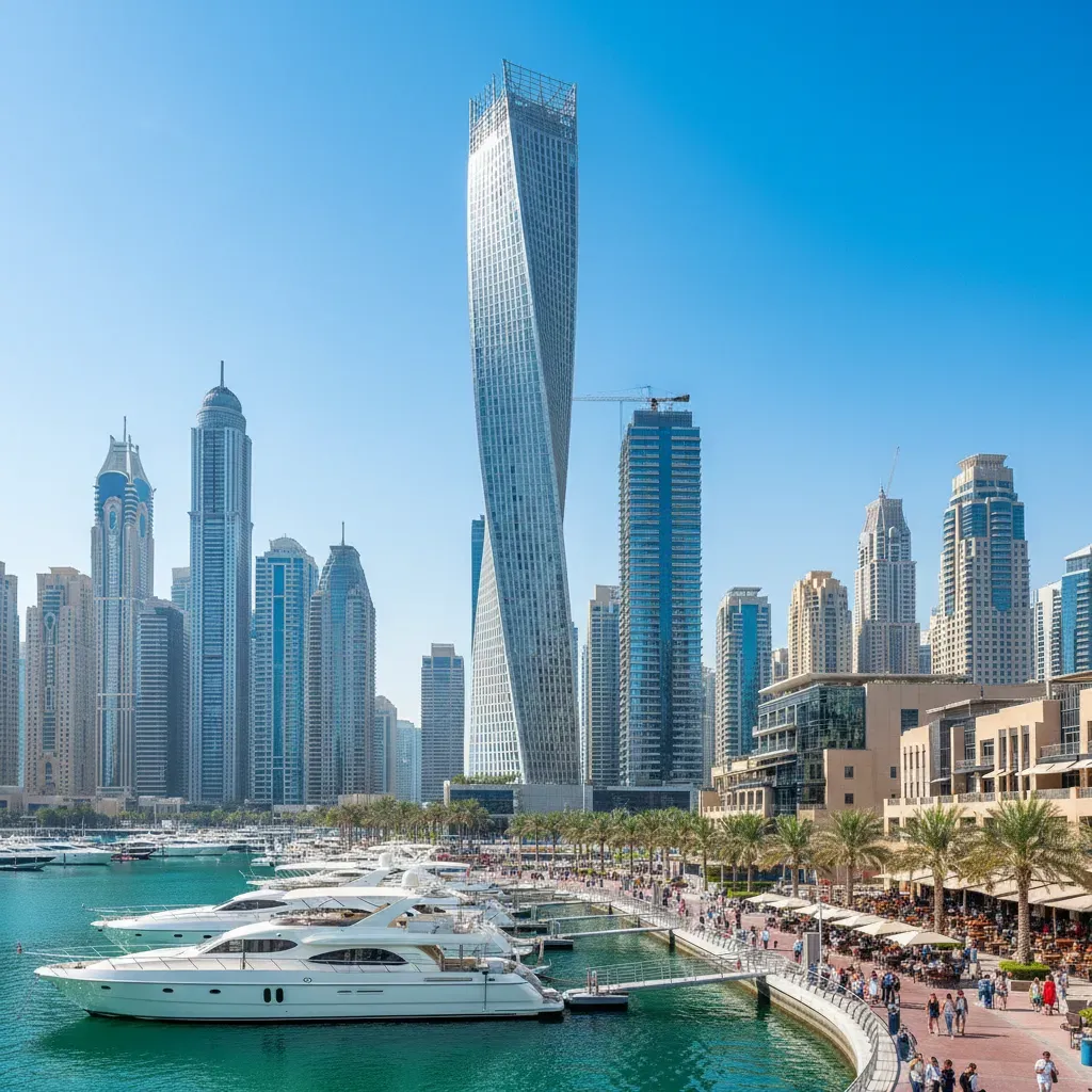 Yachts moored at Dubai Marina with twisted towers in the background on a bright day