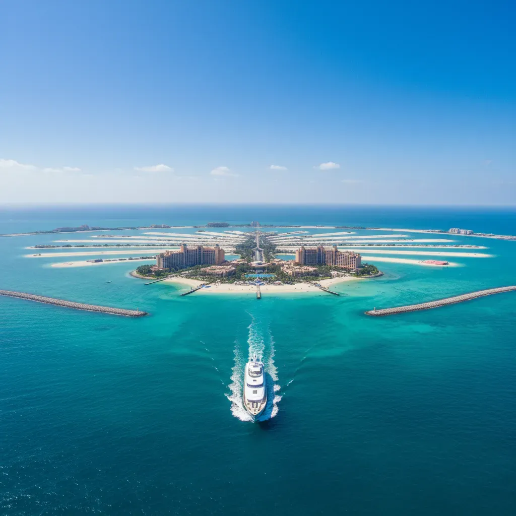 Aerial view of a white yacht cruising along the crescent of Palm Jumeirah with turquoise Arabian Gulf water