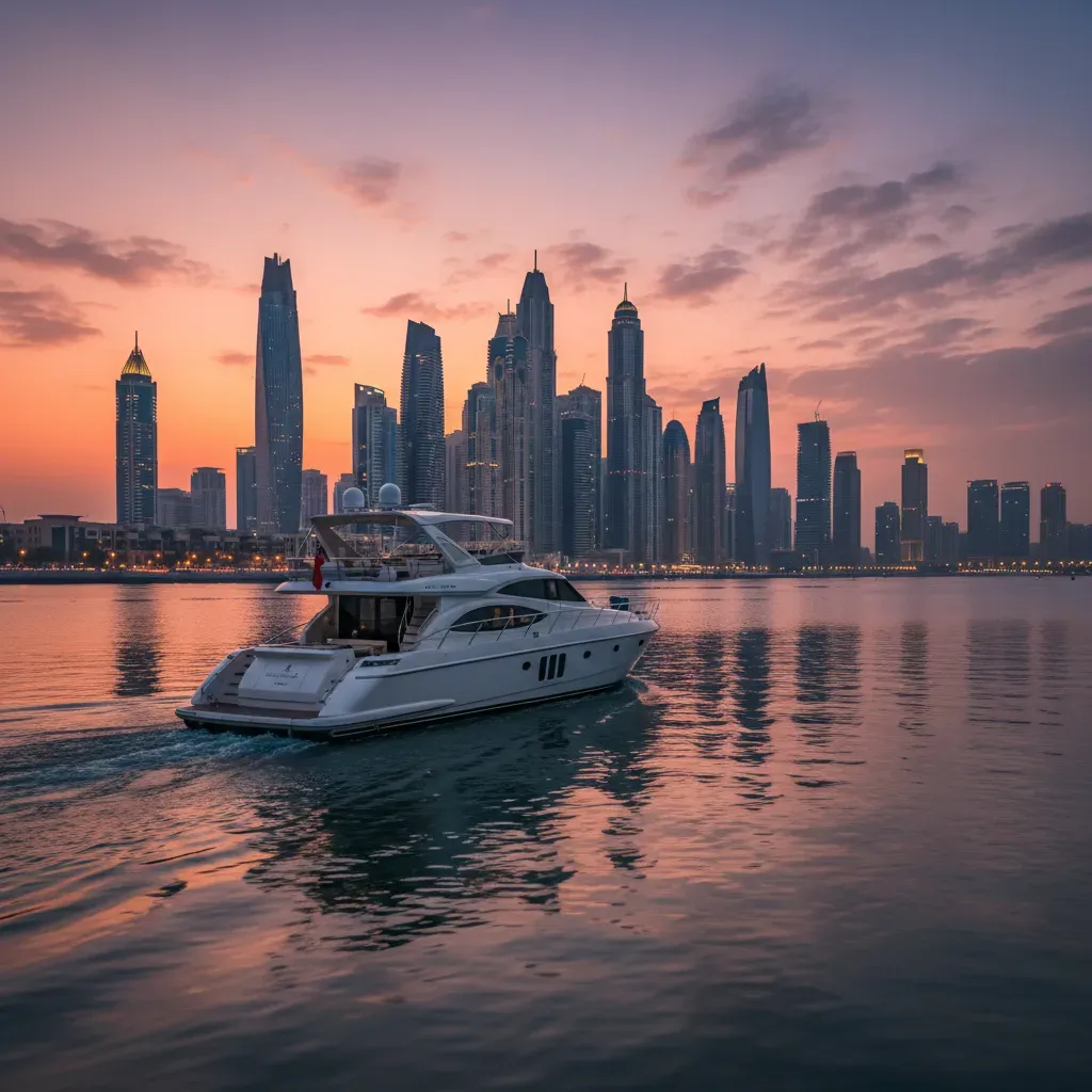 Luxury motor yacht cruising past the Dubai Marina skyline at sunset with city lights beginning to glow