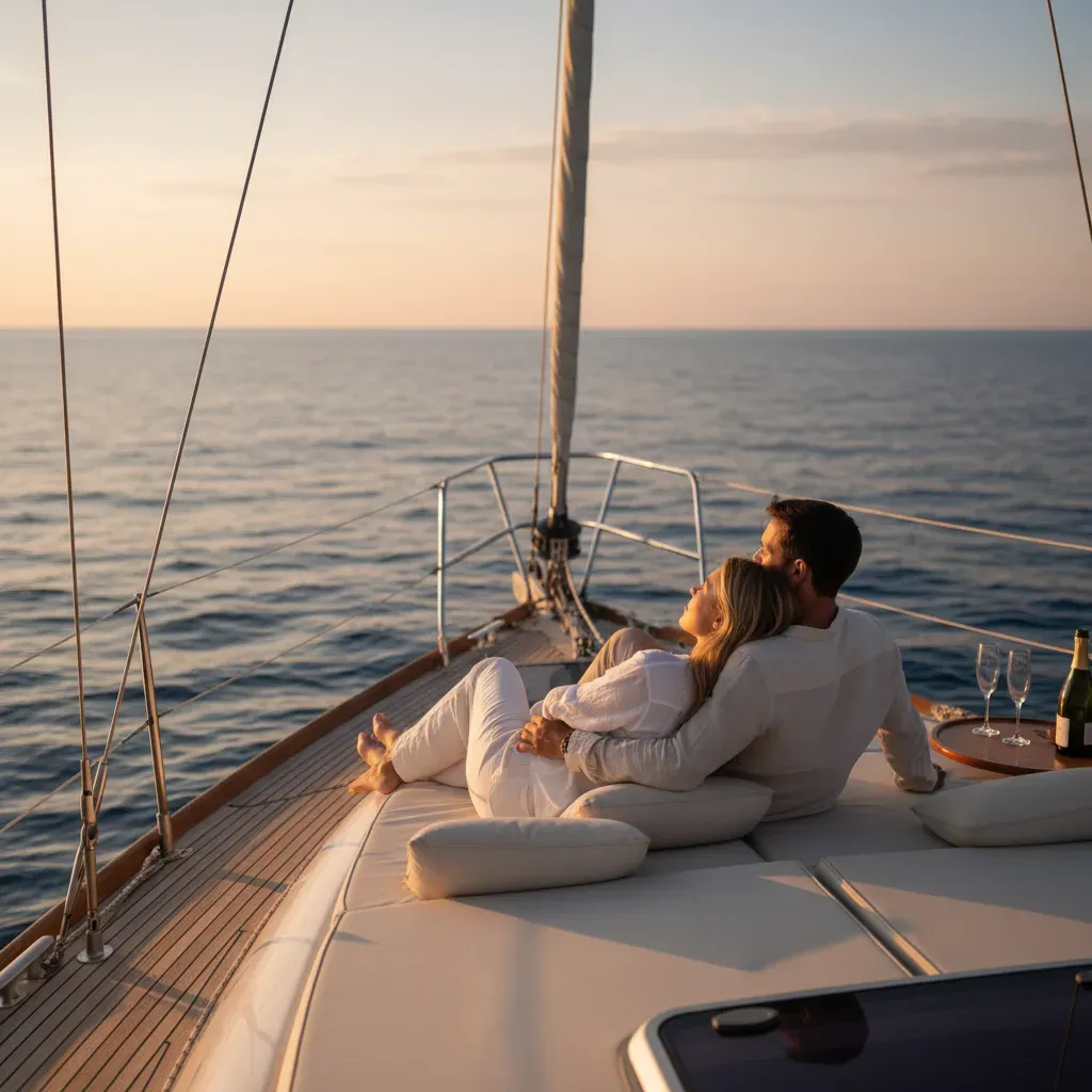 Couple relaxing on the bow of a chartered sailing yacht with azure sea stretching to the horizon at golden hour