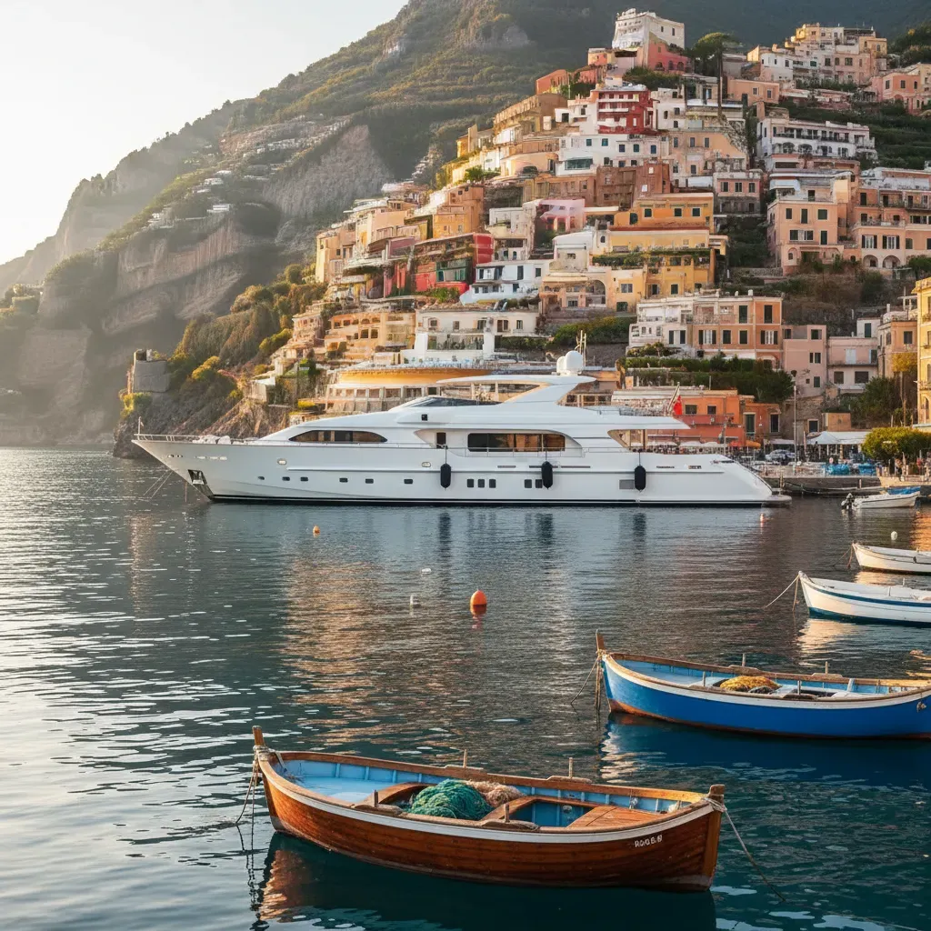 Chartered yacht anchored near a Mediterranean village with colourful houses on a hillside, calm morning water