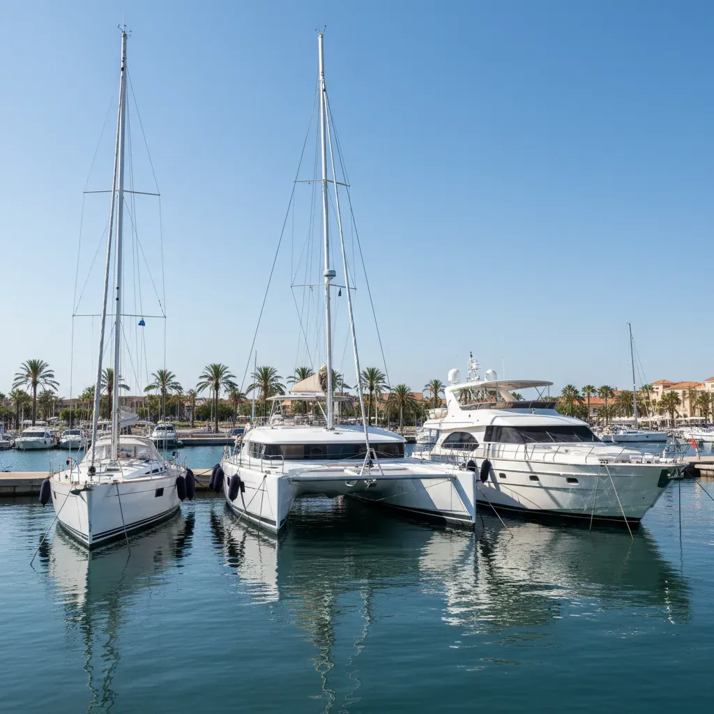 Three different yacht types in a marina: a sailing yacht, a catamaran, and a motor yacht, clear sky background