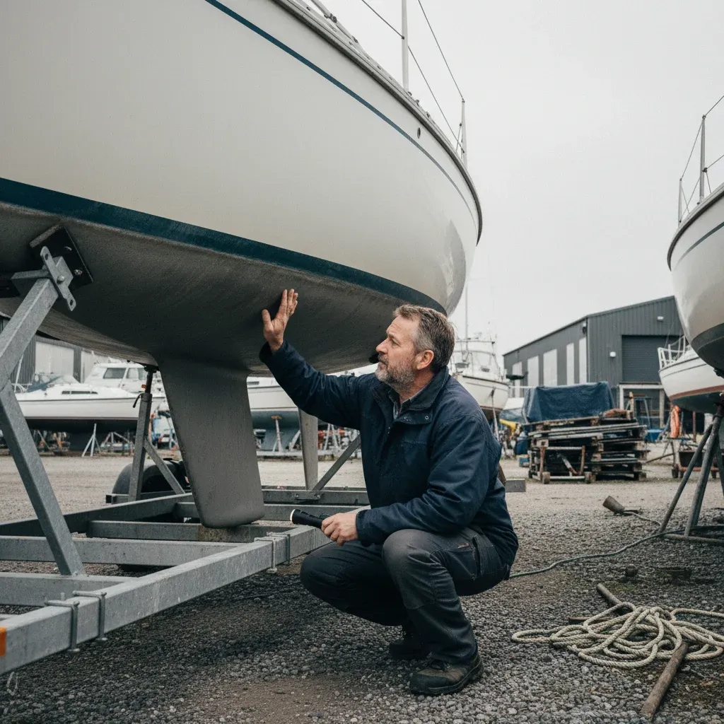 Prospective buyer inspecting a used small yacht in a boatyard, examining the hull in overcast daylight