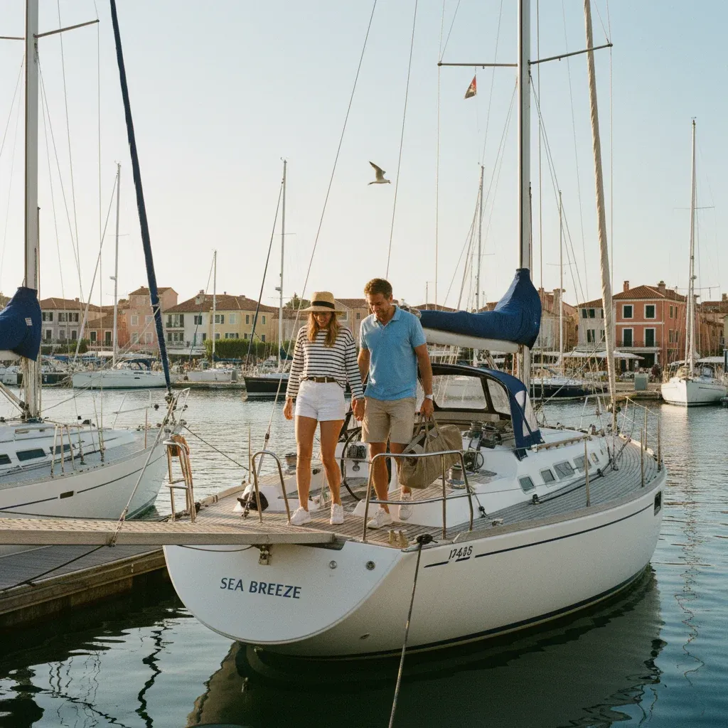 Couple stepping aboard a 35-foot sailing yacht at a coastal marina in morning light