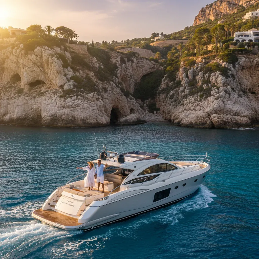 Small motor yacht cruising along a scenic coastline with cliffs and clear water at golden hour