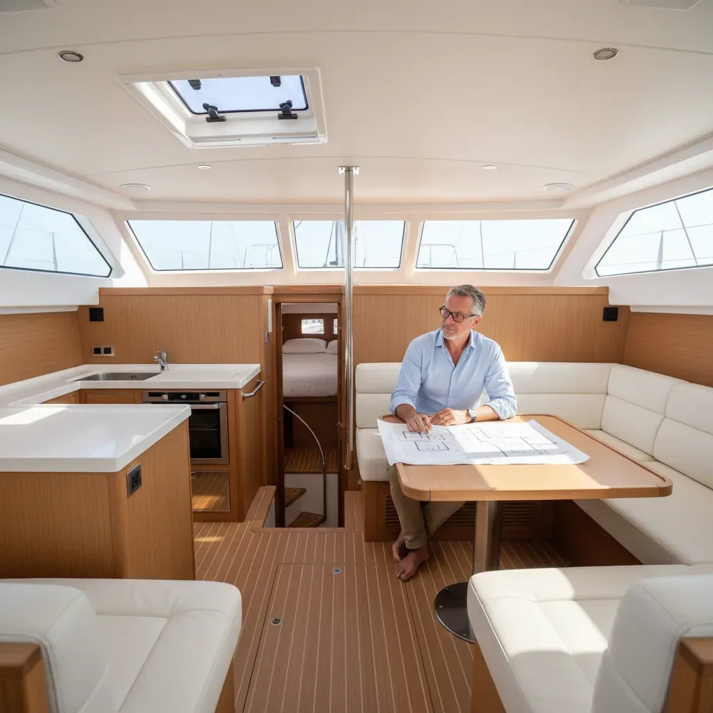 Interior of a catamaran for sale being inspected by a prospective charter business owner, bright natural light
