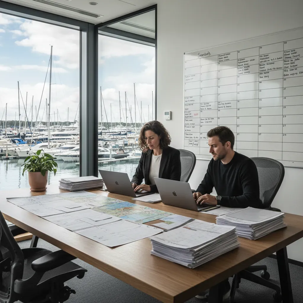Charter team planning the season at a marina office with laptops and schedules visible