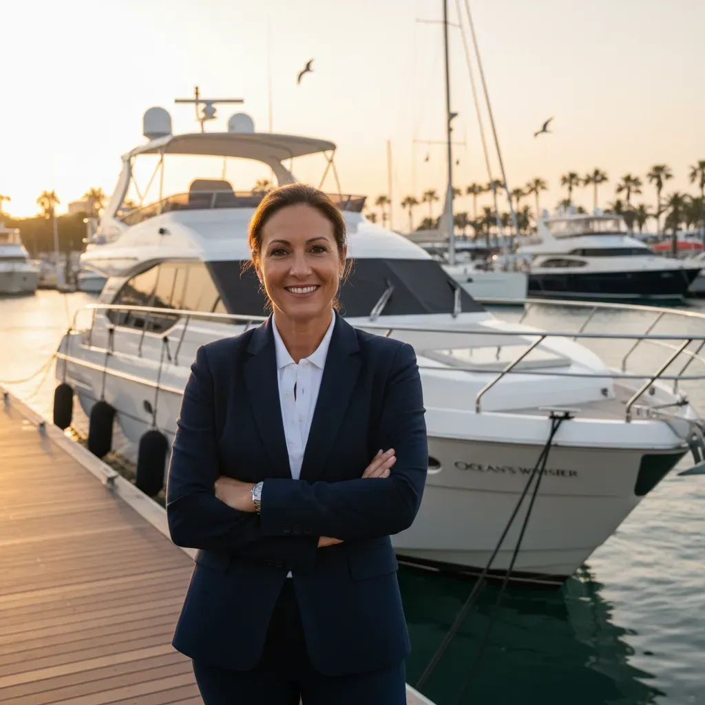 Yacht charter business owner standing in front of a charter-ready yacht at a marina dock at golden hour
