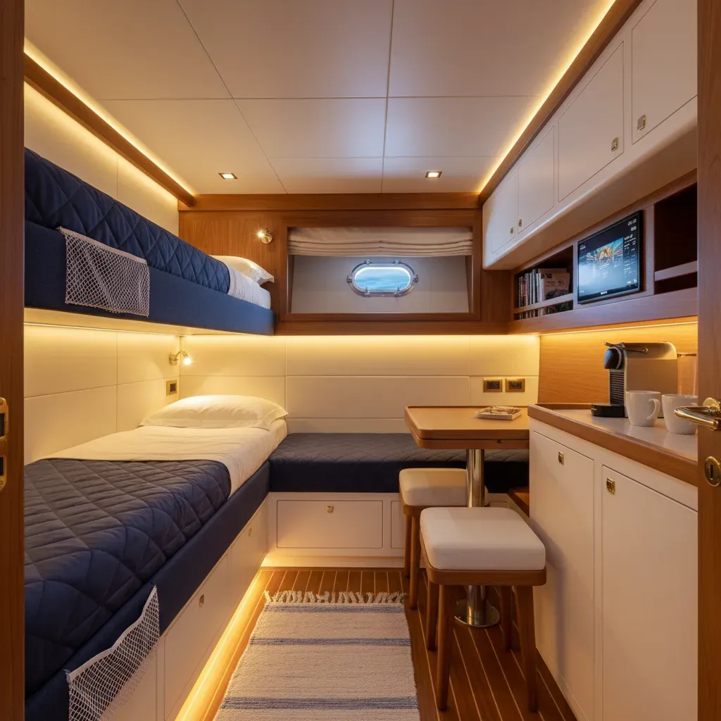 Well-organized crew cabin on a yacht with warm lighting