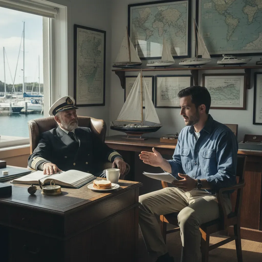 Captain interviewing a crew candidate in a marina office