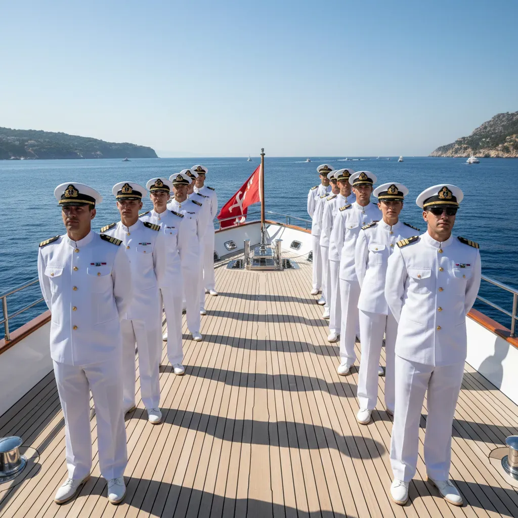 Professional yacht crew in uniform on the main deck of a superyacht