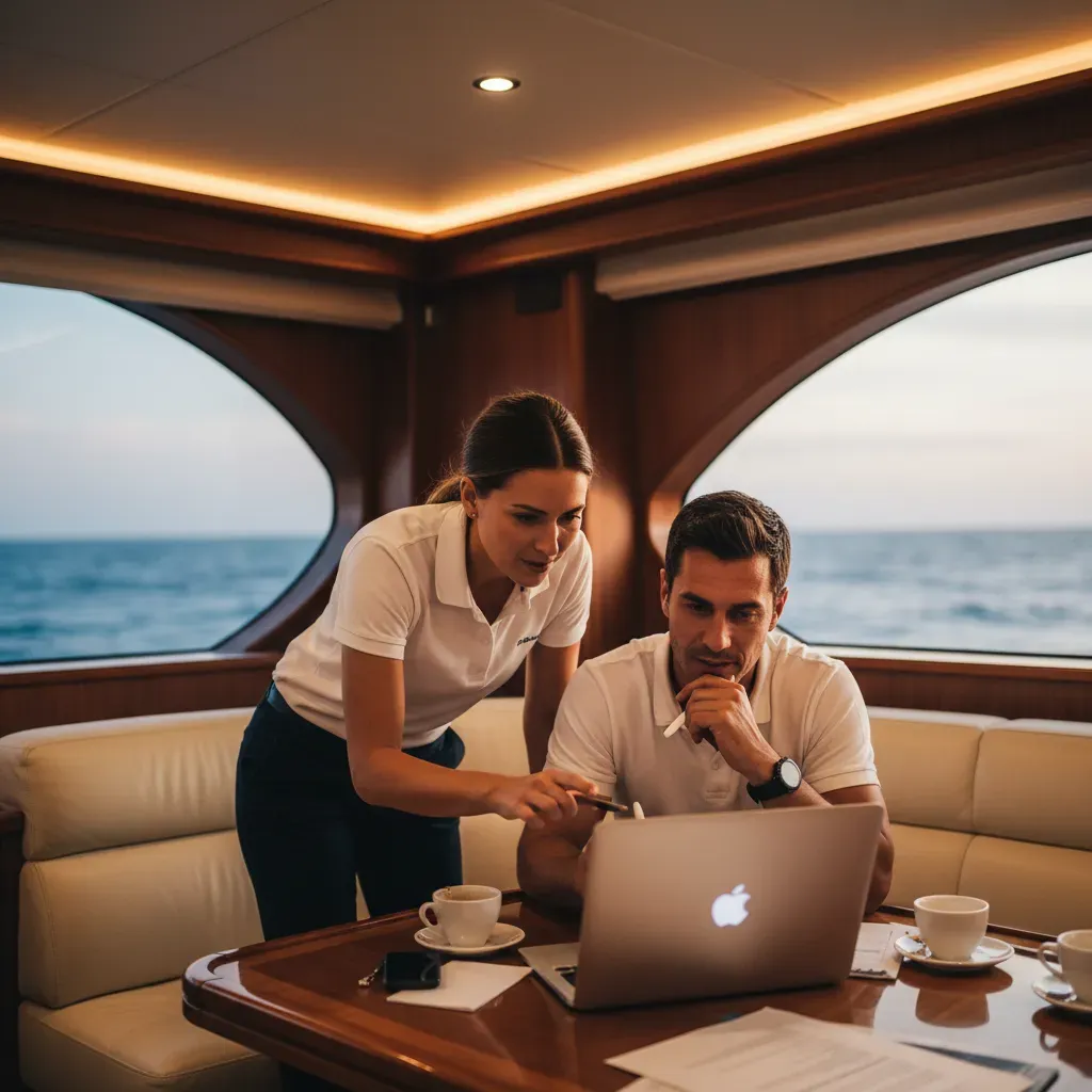 Yacht crew reviewing management software on a laptop in the salon