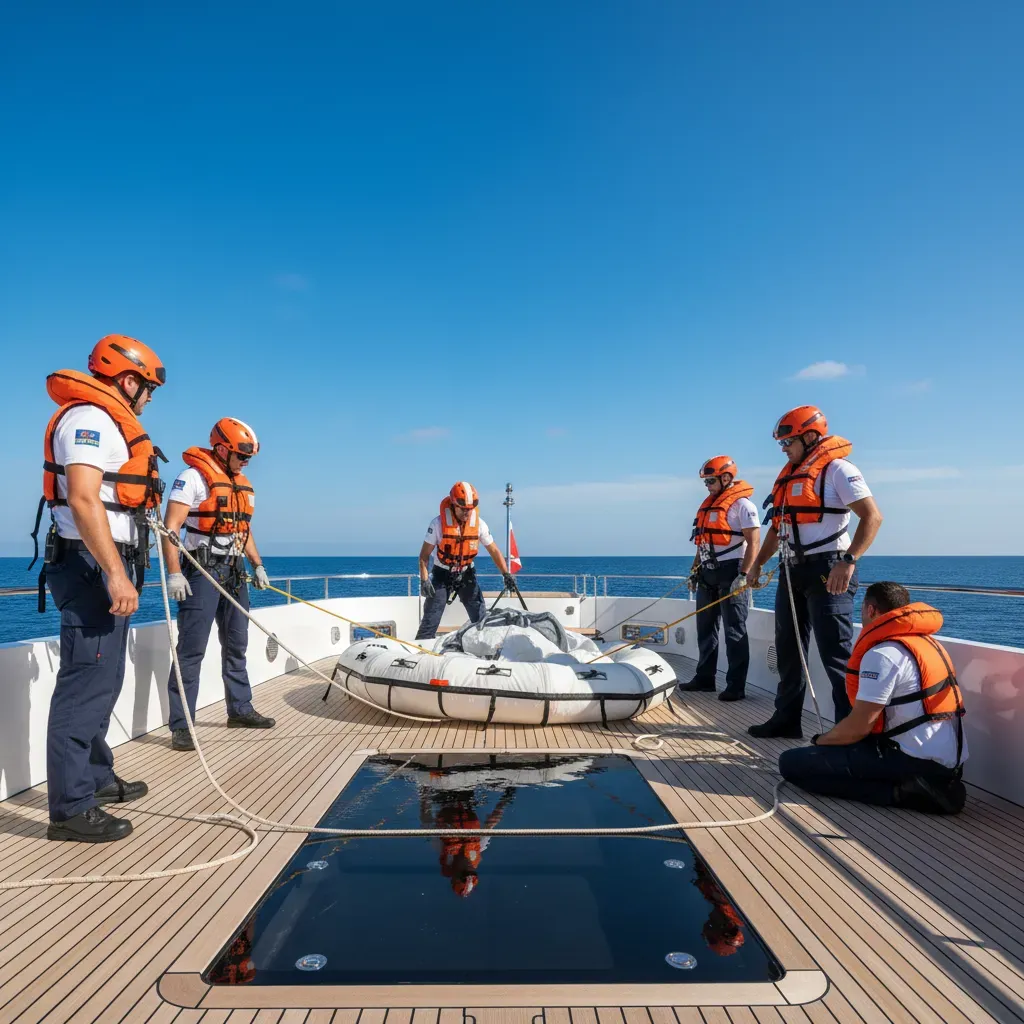 Yacht crew participating in a safety drill on deck with life jackets