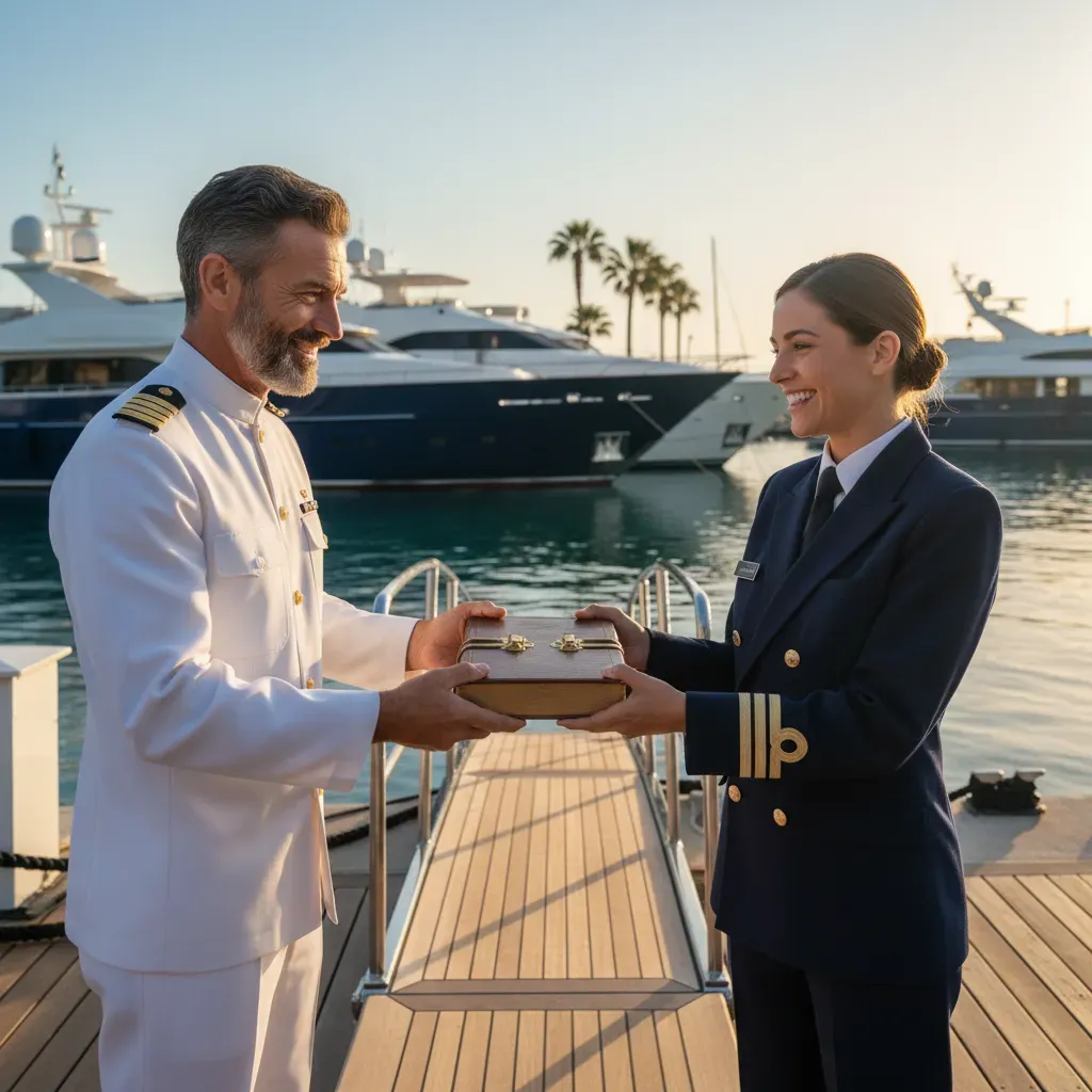 Captain handing over logbook to another captain at yacht gangway