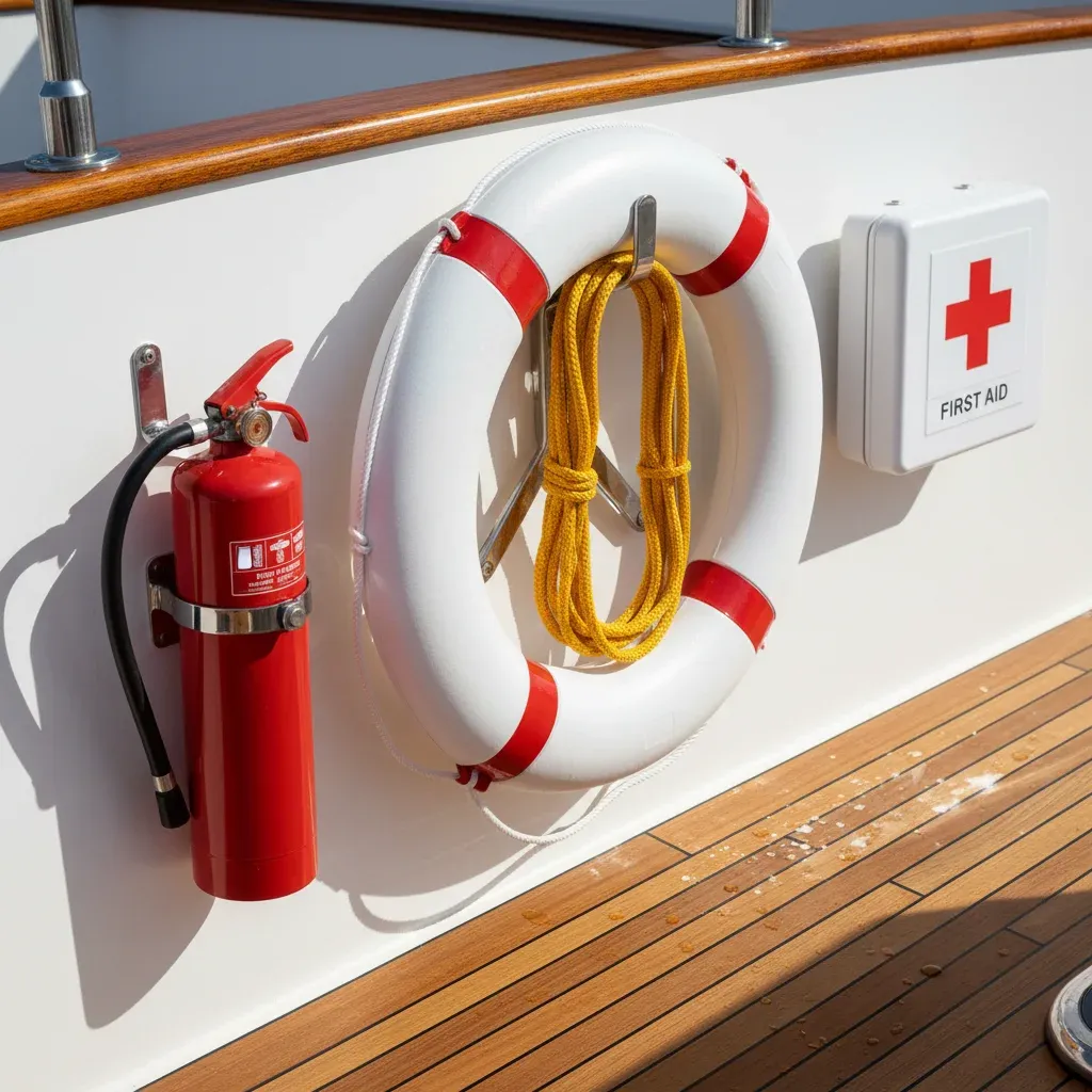 Safety equipment on a yacht deck including life ring and fire extinguisher for insurance compliance