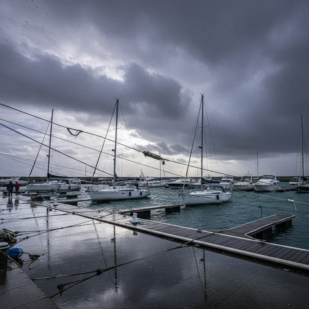 Yacht harbour after storm showing insurance claim scenarios with displaced boats and taut dock lines
