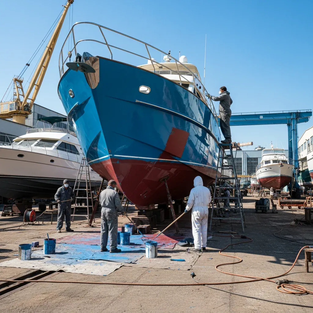Workers applying antifouling bottom paint to a yacht in a boatyard under bright midday sun