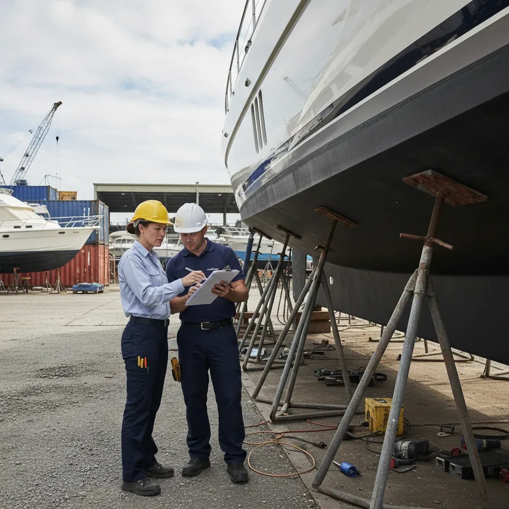 Yacht manager and engineer reviewing a maintenance checklist beside a yacht on jackstands in a boatyard