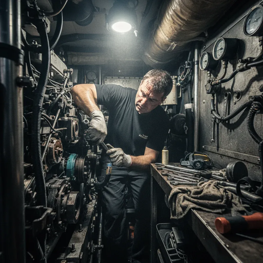 Marine mechanic repairing an engine component in a yacht engine room under harsh work light