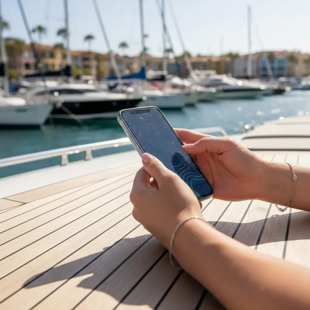 Using yacht management app on smartphone at the marina