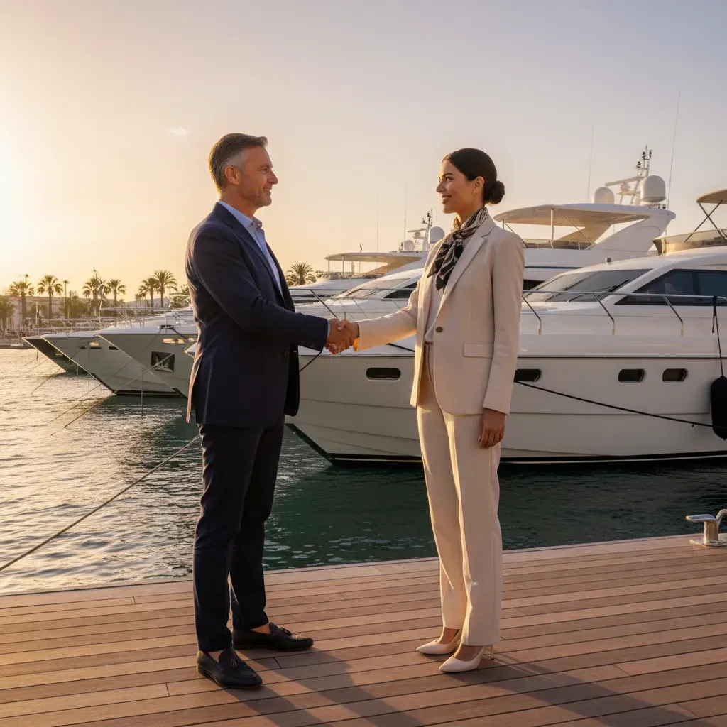Yacht owner and management company representative shaking hands at a marina