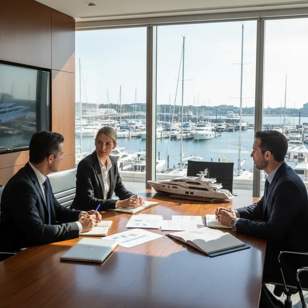 Yacht management evaluation meeting in a marina office
