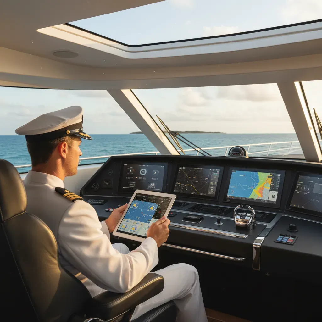 Yacht captain using management software on a tablet on the bridge