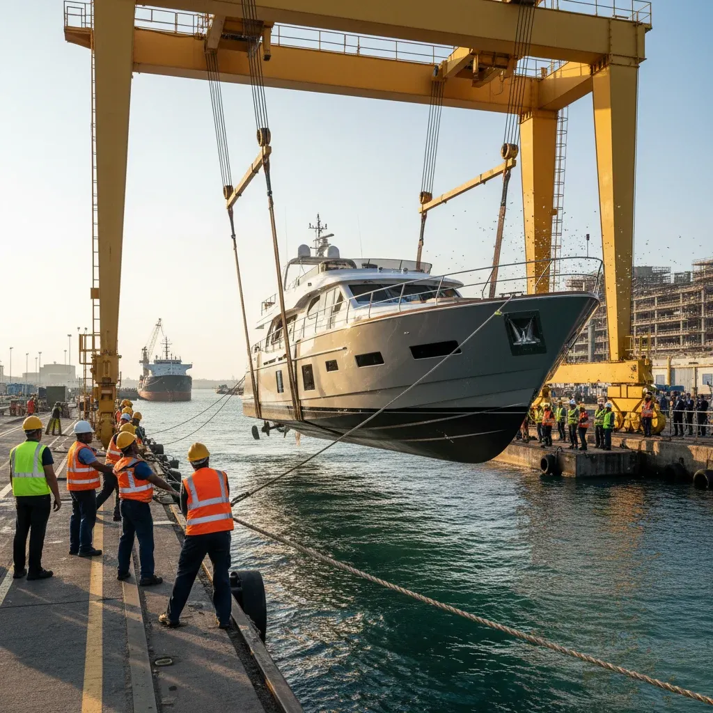 New-build motor yacht being launched at a shipyard with crane lowering it into the water at morning light