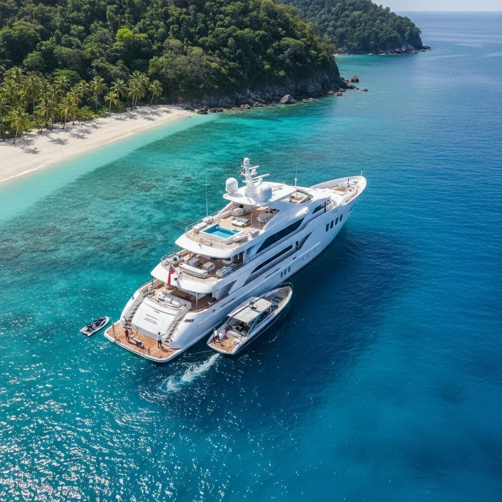 60-metre superyacht at anchor in a secluded bay with tender alongside, turquoise water, aerial view