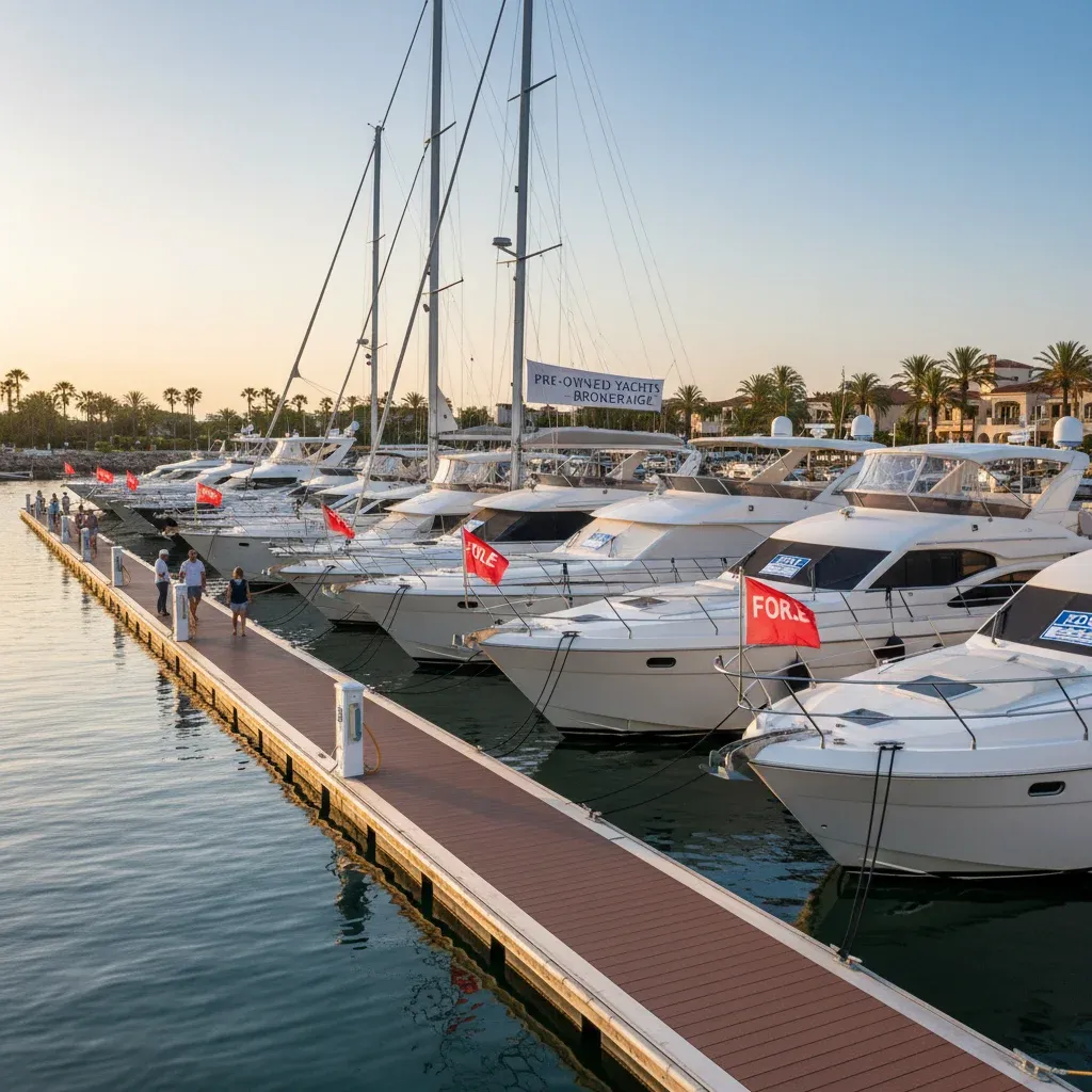 Pre-owned yachts for sale at a brokerage dock with For Sale flags, afternoon marina atmosphere