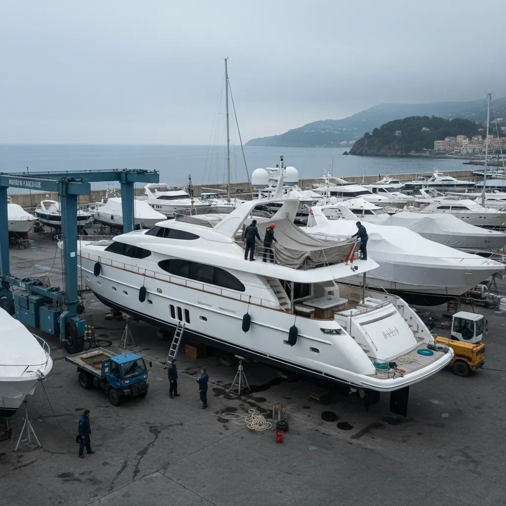 Yacht being prepared for winter storage in a boatyard