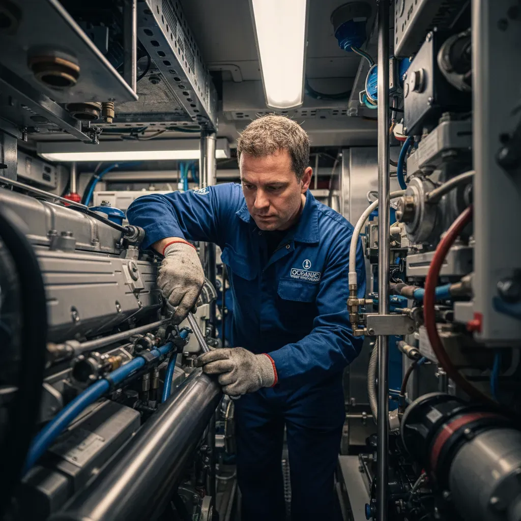Yacht engineer inspecting engine room