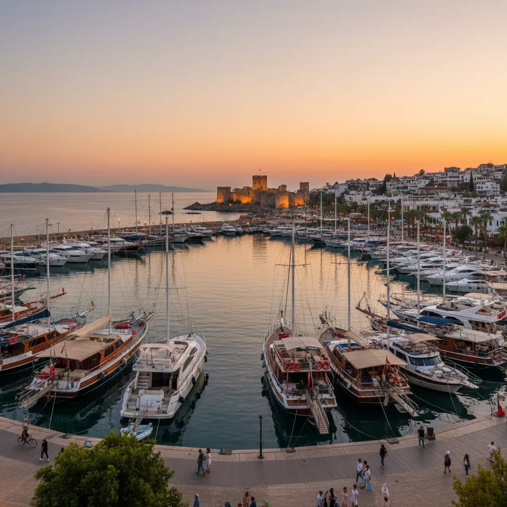 Gulets and motor yachts moored in Bodrum marina at sunset
