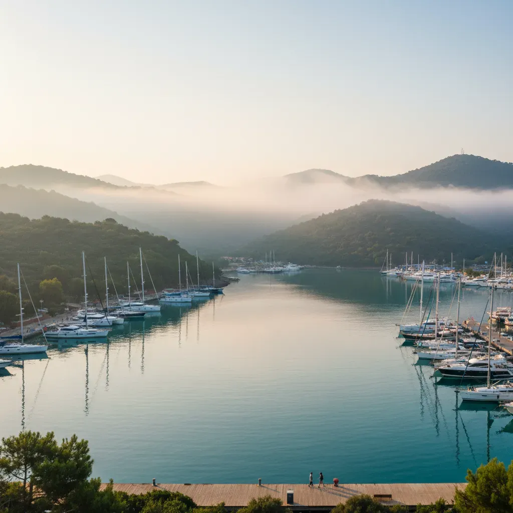 Sailing yachts and motor boats at Gocek marina surrounded by green hills on a misty morning