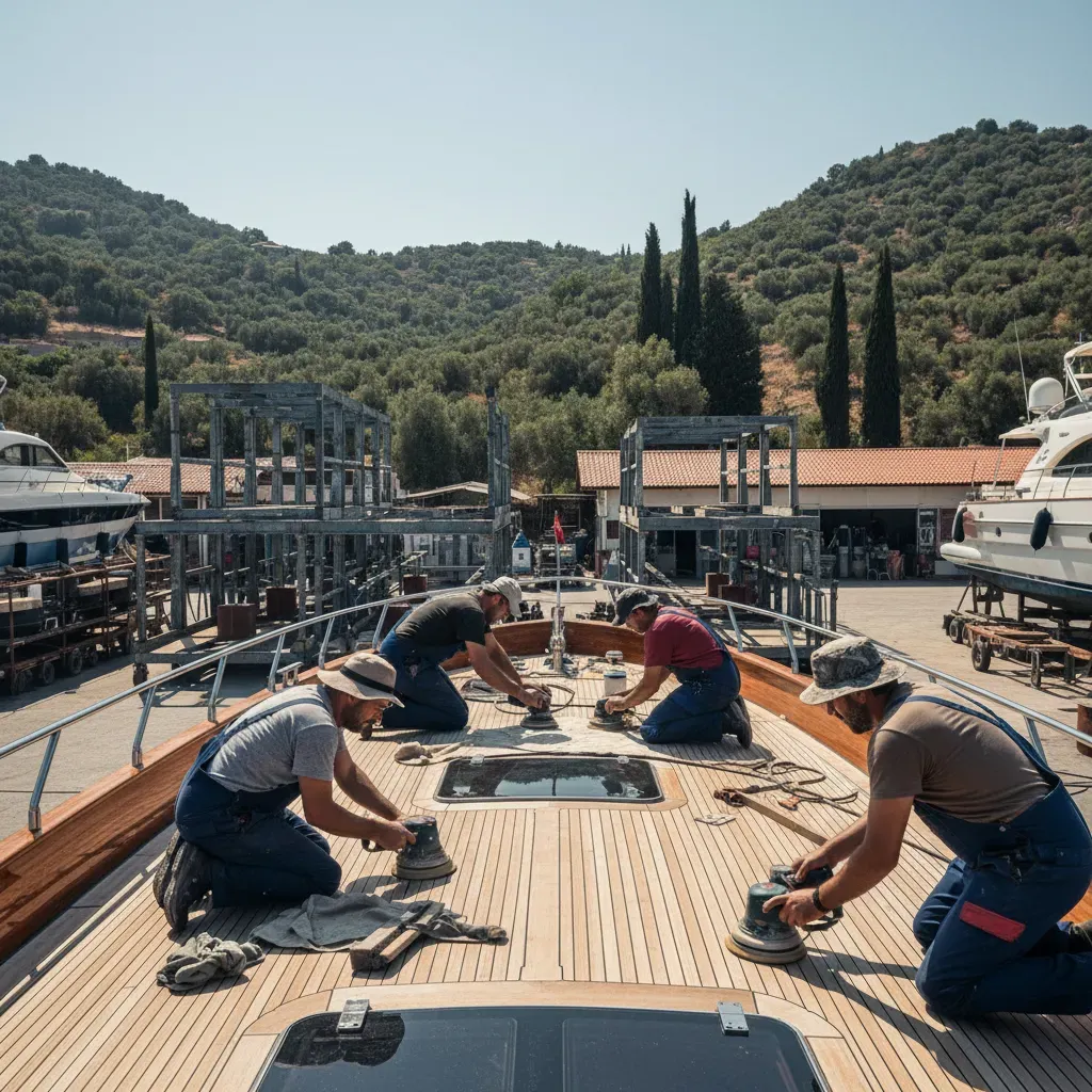 Turkish yacht management crew doing deck maintenance at a Marmaris boatyard