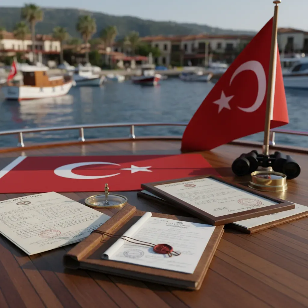 Official maritime documents and Turkish flag on a yacht stern